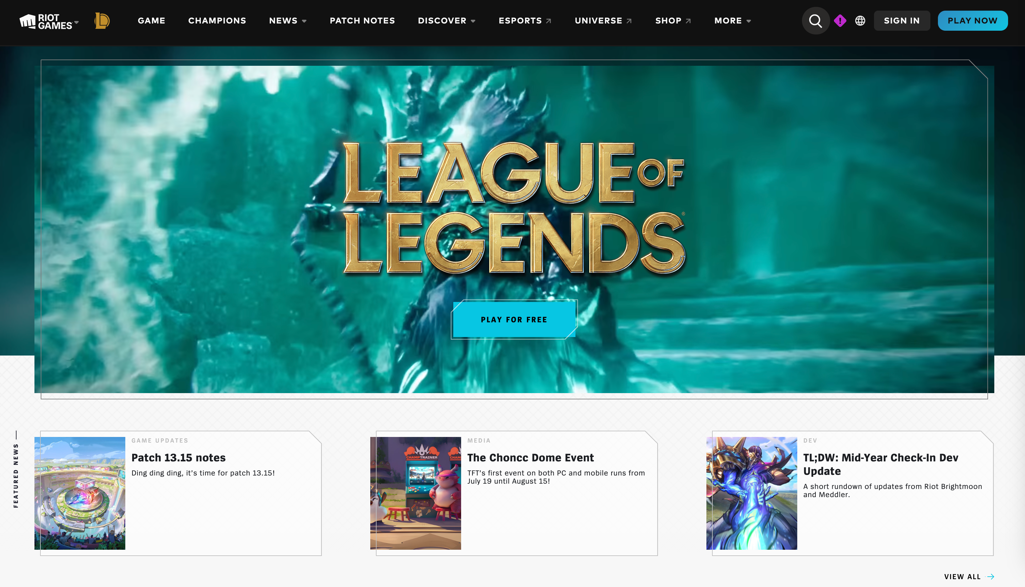 Riot Games' League of Legends localized website homepage